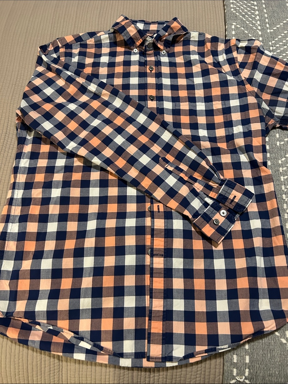 Express Men's Navy, Peach and White Check Button-Down Shirt